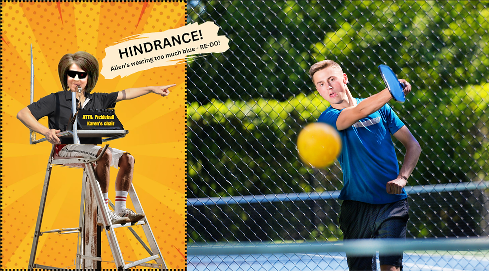 Pickleball Karen calls a hindrance on a man serving in a pickleball game.