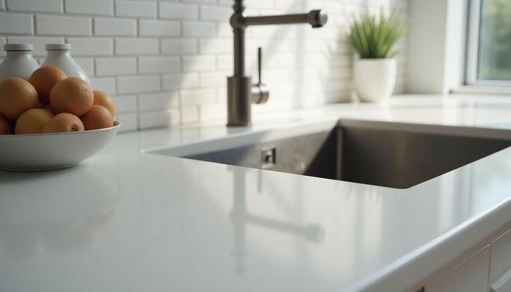 Close-up view of a sparkling clean kitchen countertop with polished sink and backsplash