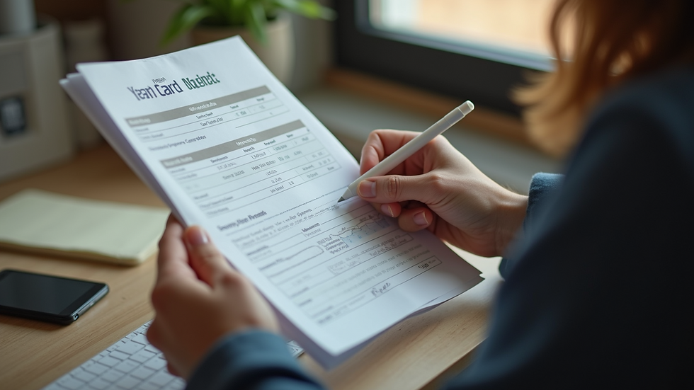 High angle view of a person reviewing credit card statements