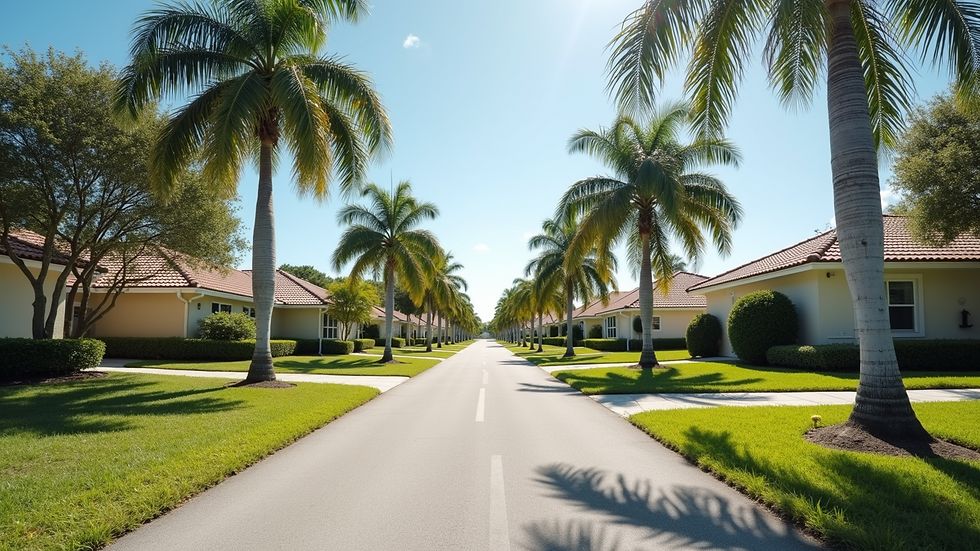 Wide angle view of a cozy Florida neighborhood street with homes and palm trees