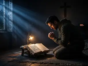 Man kneeling in prayer at 3 AM beside an open Bible illuminated by warm lamplight, moonlight streaming through window, conveying hope in the darkest hour