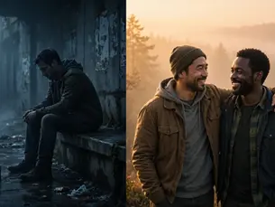 Split image - man sitting alone in dark rainy alley on left, two men embracing and laughing at foggy sunrise on right, showing isolation versus brotherhood