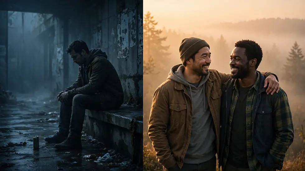 Split image - man sitting alone in dark rainy alley on left, two men embracing and laughing at foggy sunrise on right, showing isolation versus brotherhood