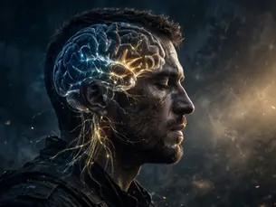 Silhouette of a man at night with glowing neural pathways inside his head, light breaking through darkness, symbolizing brain rewiring and healing