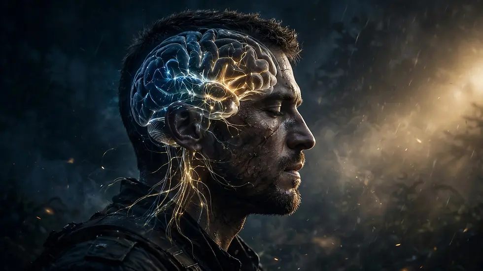 Silhouette of a man at night with glowing neural pathways inside his head, light breaking through darkness, symbolizing brain rewiring and healing