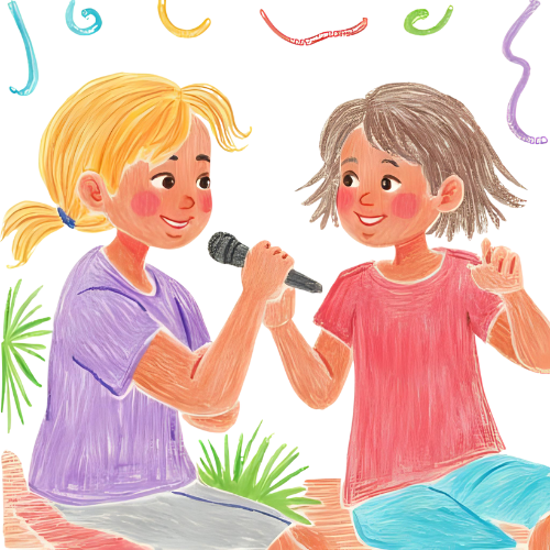 Two girls singing together, joyful expression