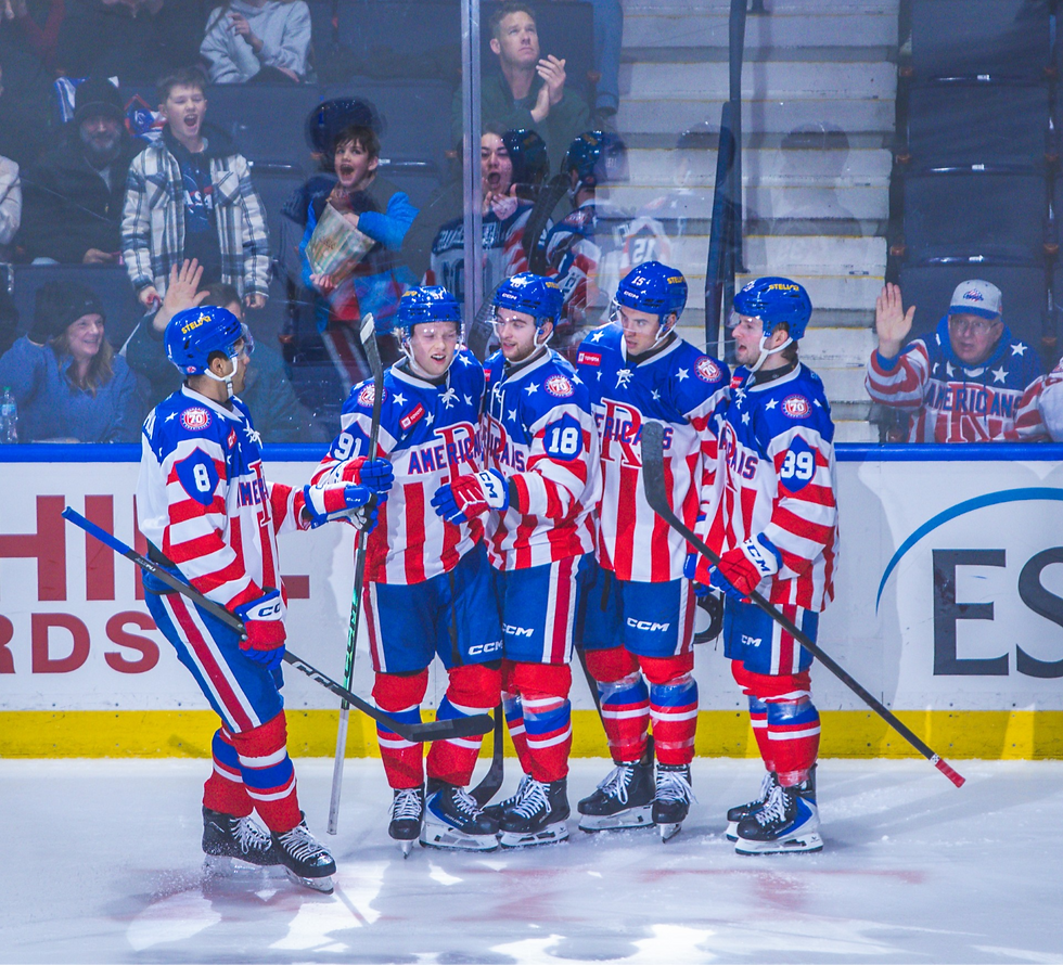 Group of Amerks players after goal on Friday, Feb. 21, 2026 (Photo: Nicole Bowland)