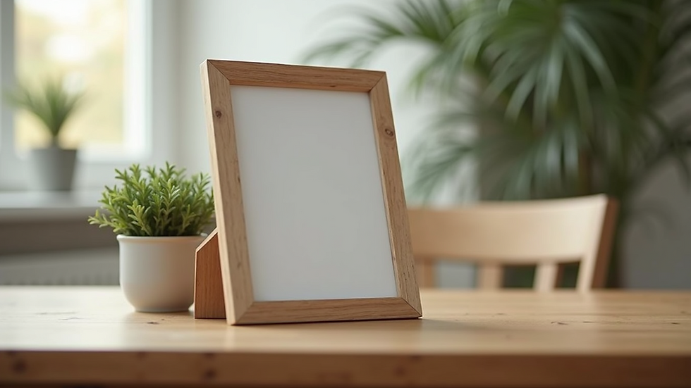 Eye-level view of a personalized photo frame on a wooden table