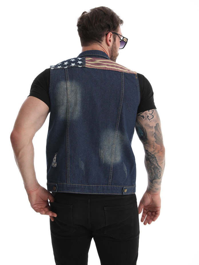 American Flag Retro Ripped Men Denim Biker Sleeveless Patriotic Men's Jacket