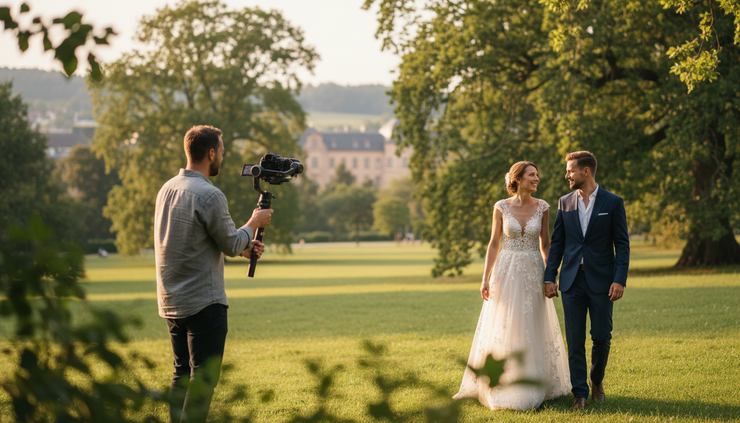 Medium shot of a wedding videographer filming a couple during golden hour in a park.