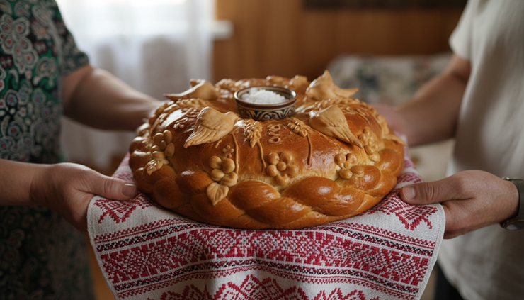 Nahaufnahme eines Hochzeitsbrotes mit Salz auf einem bestickten Tuch