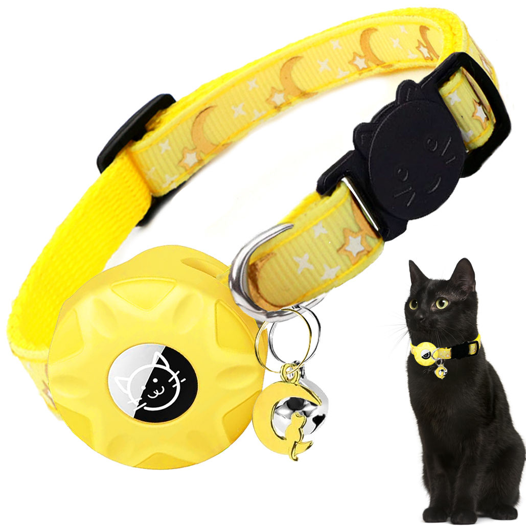 Apple Tag Pet Collar with AirTag Holder & Moon Ornament for Kitten Collar Girl B