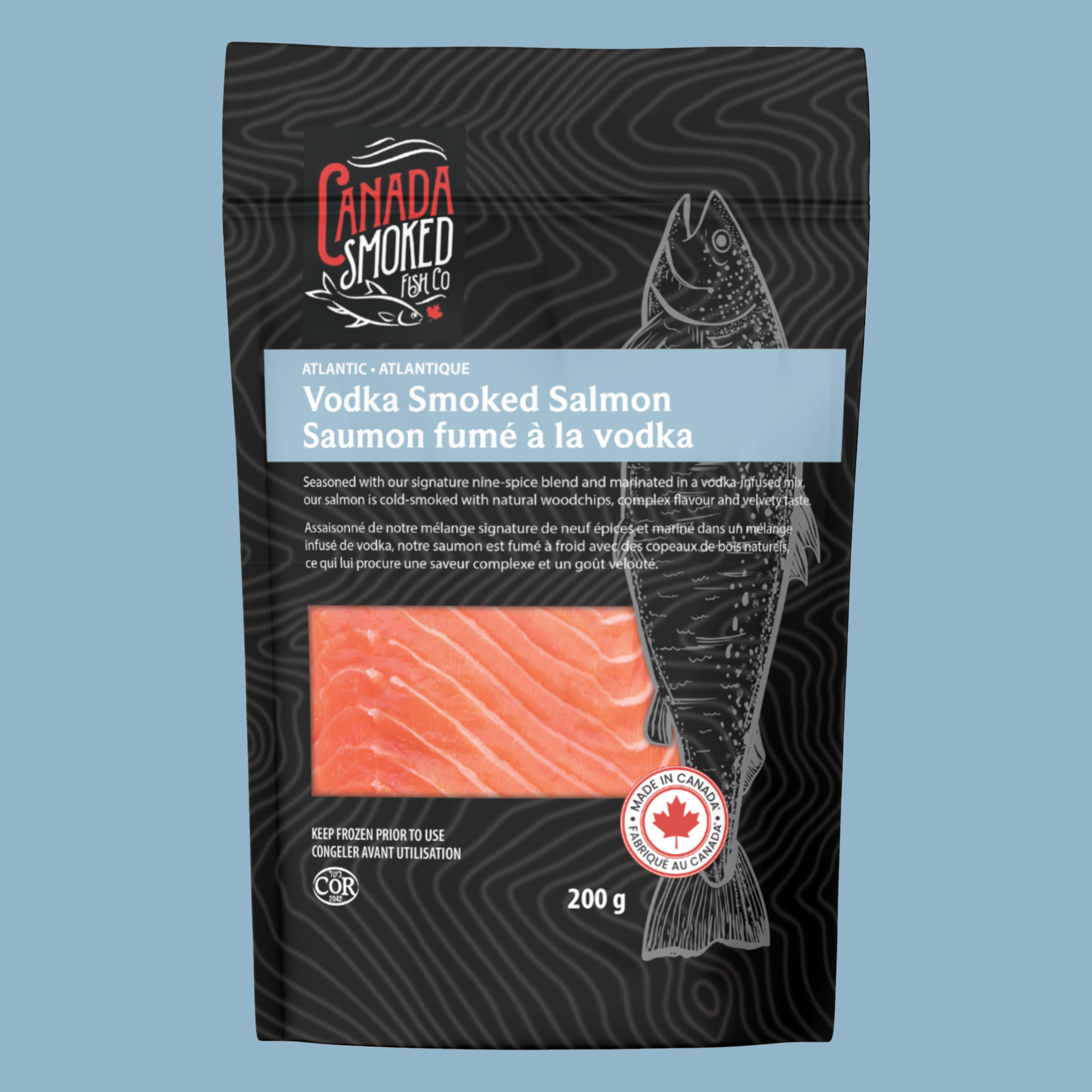 Front of Vodka Smoked Salmon packaging