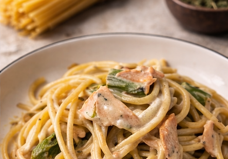 Smoked Salmon, Herb, & Asparagus Spaghetti