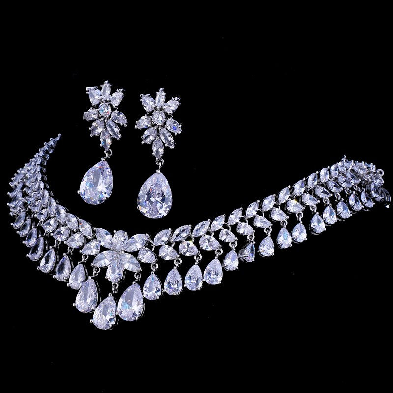 Thumbnail: Cubic Zirconia Bridal Tear Drop Crystal Rhine Wedding Jewelry Necklace Set