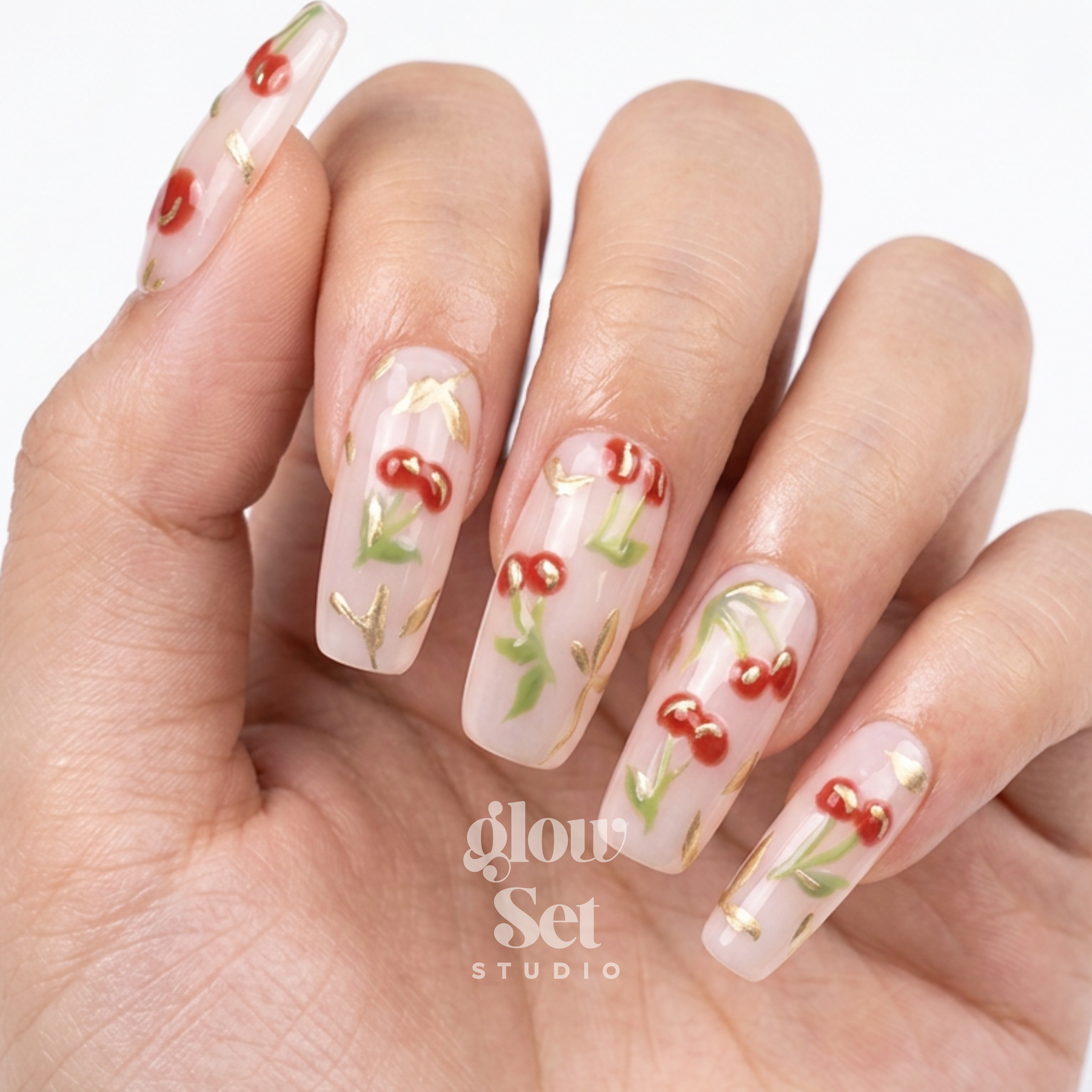 Handmade Press On Nails Set — Cherry + 1 Complete Application Kit