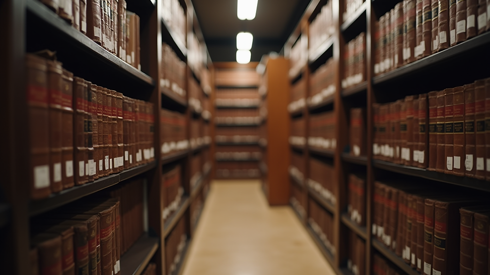 Eye-level view of a legal library filled with law books