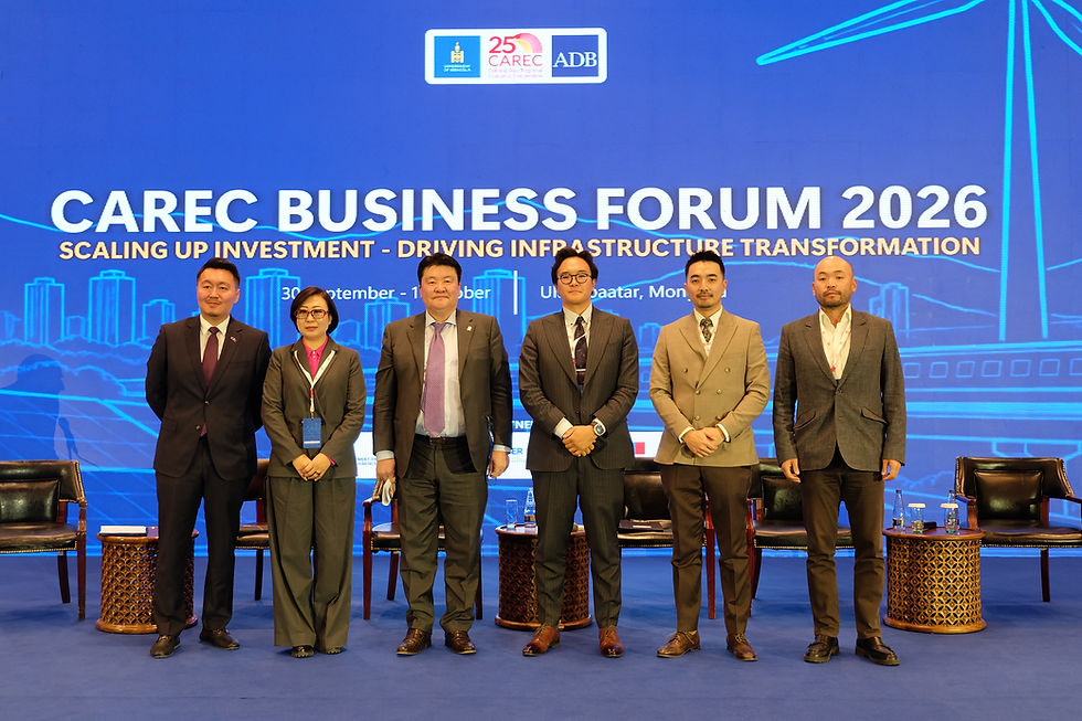 Panelists stand on stage after discussion on "Positioning Mongolia as a leading Trade, Investment and Tourism Hub" at CAREC 2026 Ulaanbaatar, Mongolia
(Left to right): Erdene Elbegdorj (CEO, EuroChamber), Azjargal Ulziitogtokh, (Board Director, Mongolian Nature’s Legacy Foundation and Sustainable Development Advisor), Ariunbold Buuveibaatar (Founder, Mongolbazalt Wool LLC), Bayarsaikhan Otgonbayar (Head of International Banking Department @ TDB), Tugsbayar Erdenekhuu (CEO, Yaks and Yurts LLC)