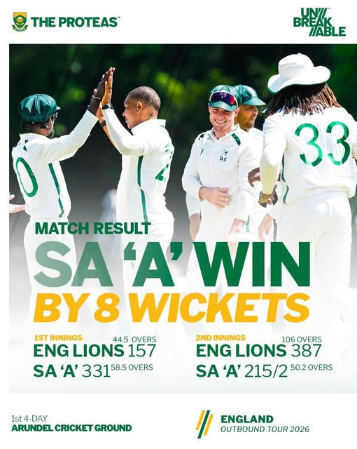Clinical SA ‘A’ Demolish England Lions to Take Commanding 1-0 Lead in Four-Day Series