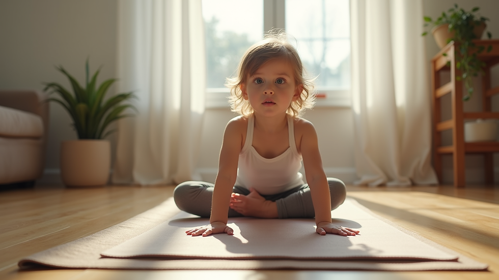 Eye-level view of a child practicing yoga on a mat
