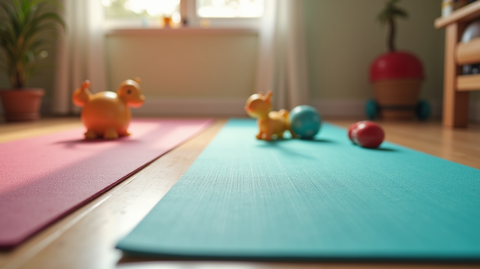 Eye-level view of a colorful yoga mat with children's toys
