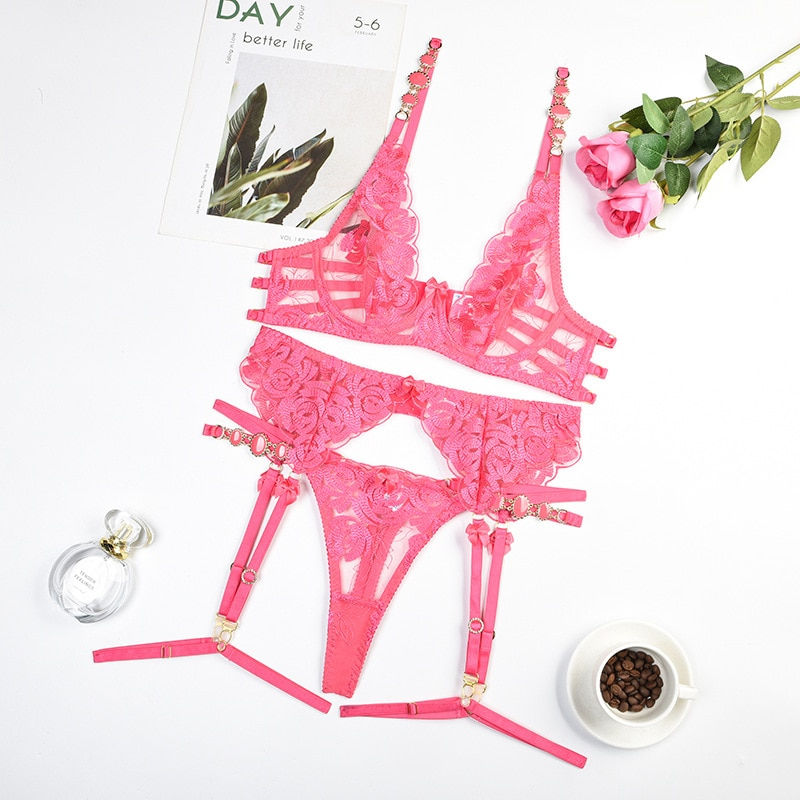 Thumbnail: EllolaceJewel Shoulder Strap  3-Piece Garter Bilizna Set Sexy Erotic