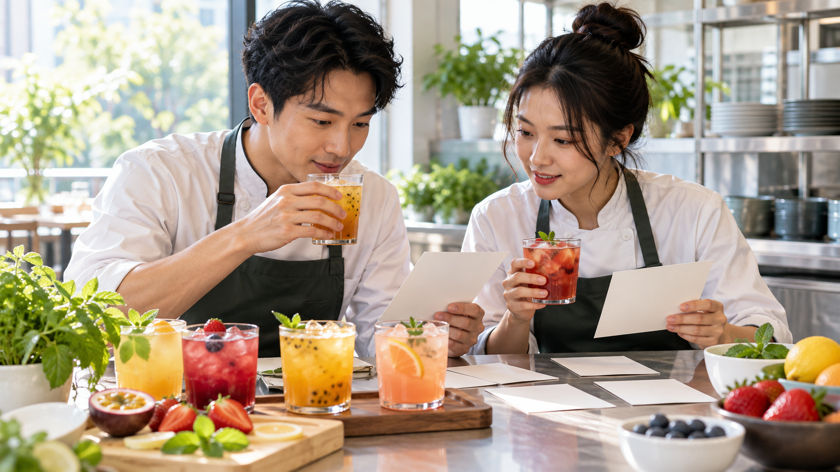 Staff comparing fruit tea samples and plain menu cards