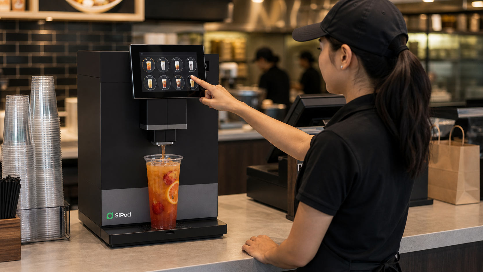 Restaurant staff using a SiPod automatic beverage machine touchscreen during service to prepare drinks without a specialized barista station.