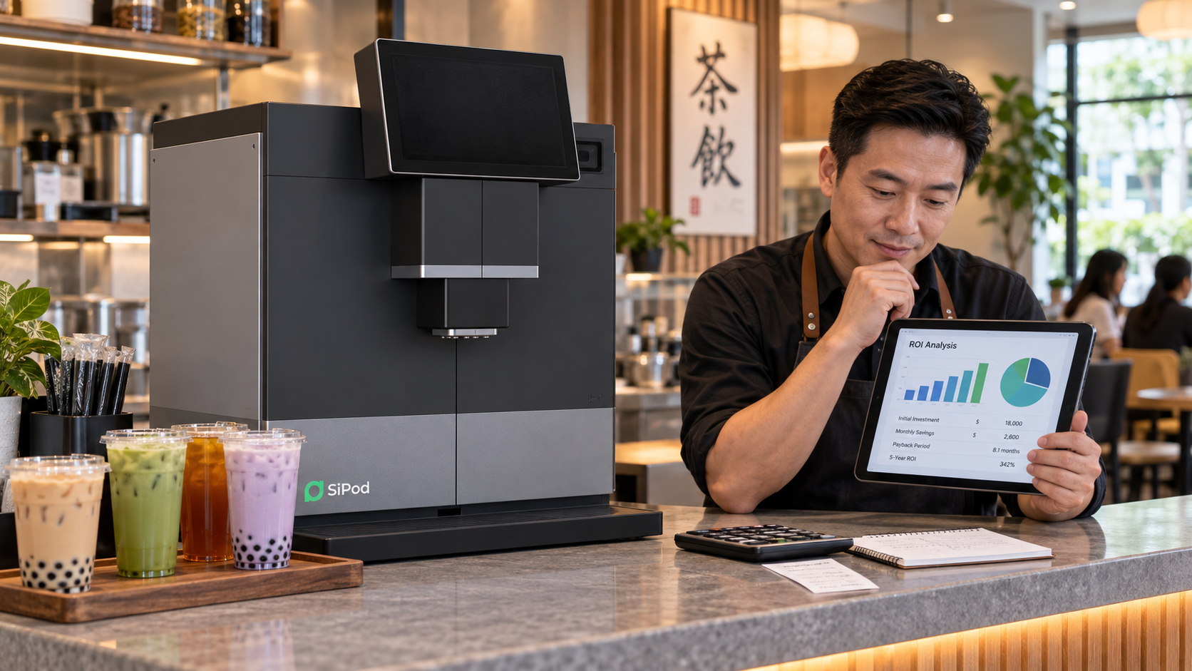 SiPod 自动饮品机放在餐馆柜台上,旁边有饮品、计算器和回本测算工具。