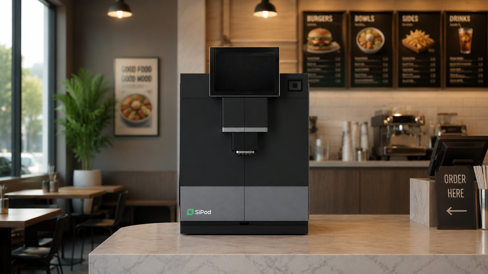 SiPod automatic beverage machine on a restaurant counter for adding bubble tea to your restaurant menu.