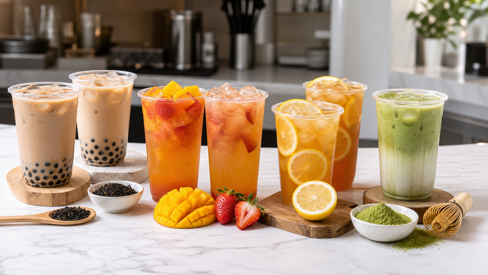 Practical starter drink menu with milk tea, fruit tea, lemon tea, and matcha latte options for restaurants.