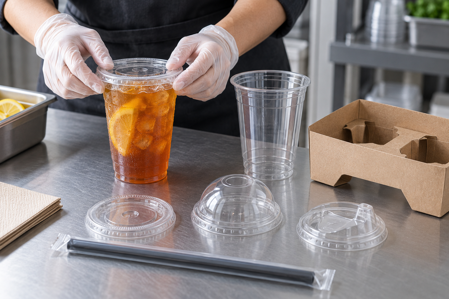 Restaurant worker checking a lid against a tea cup alongside straws and a takeaway carrier.