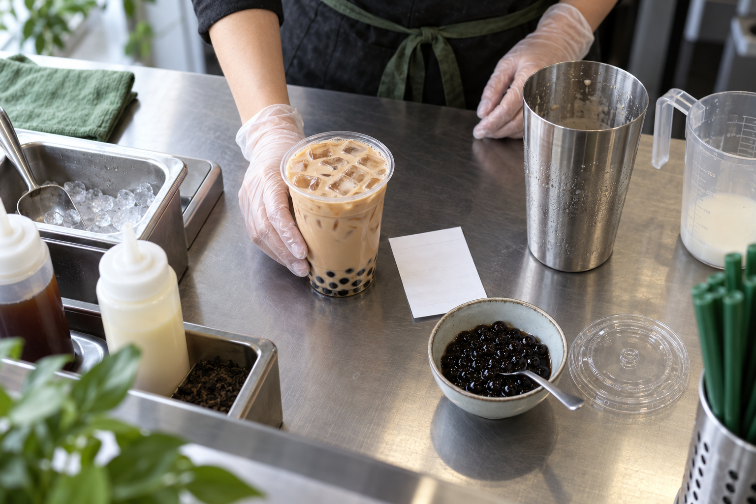 Employee finishing a milk tea order with a lid and separate topping supplies.