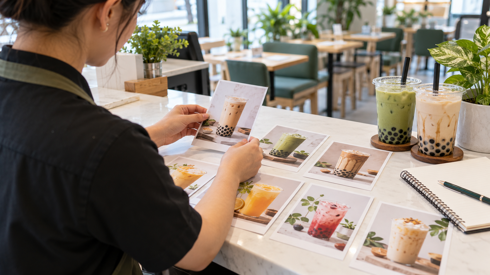 Manager reviewing drink selection cards beside the service counter