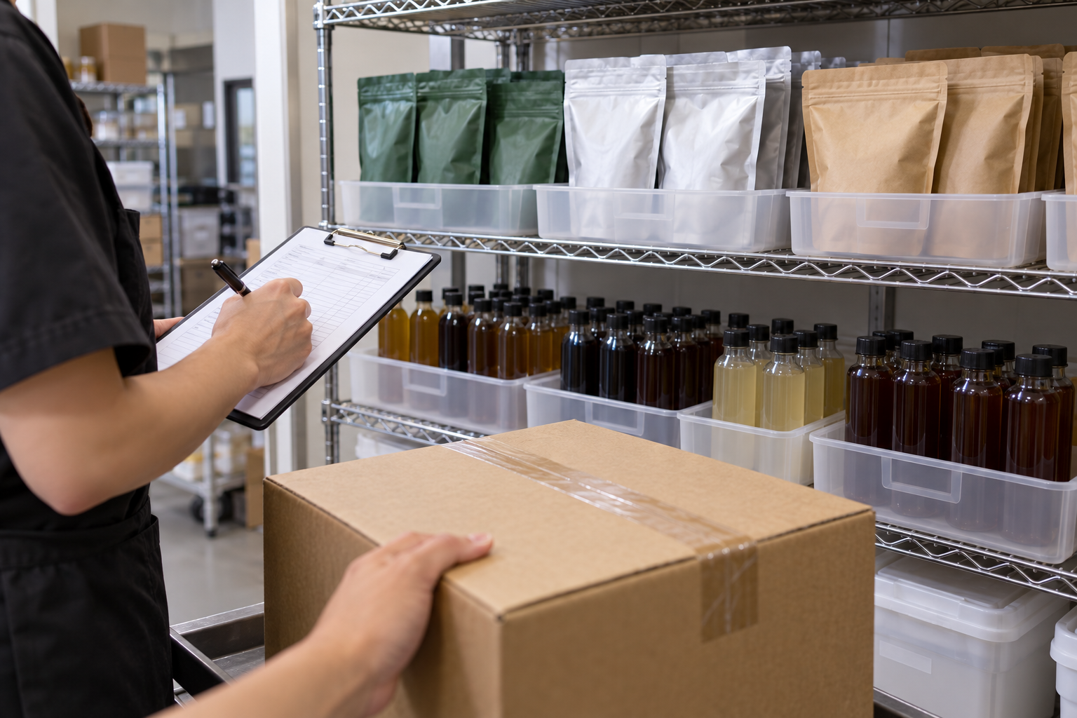 Restaurant employee checking sealed ingredient stock against a receiving list.