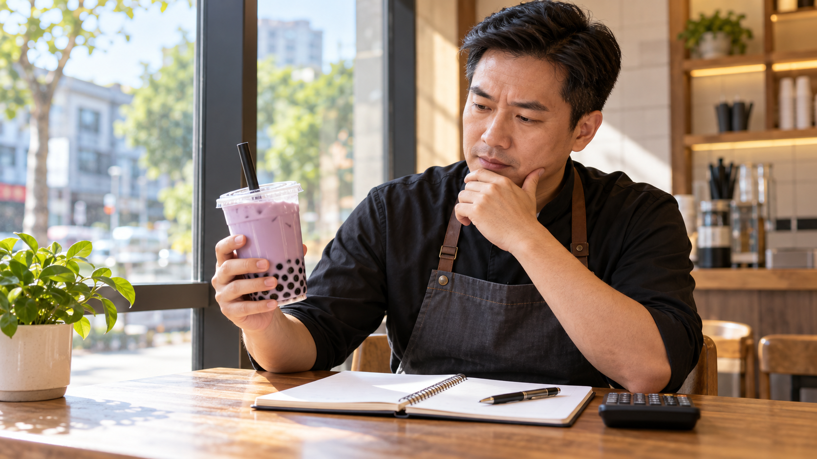 餐馆负责人在饮品旁整理奶茶定价工作表