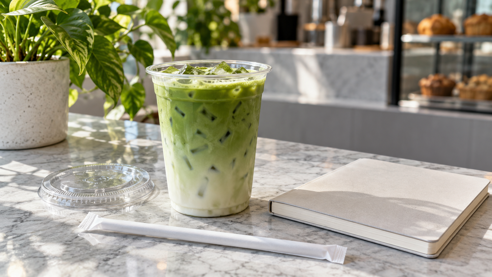A completed matcha drink with packaging and an unmarked review sheet