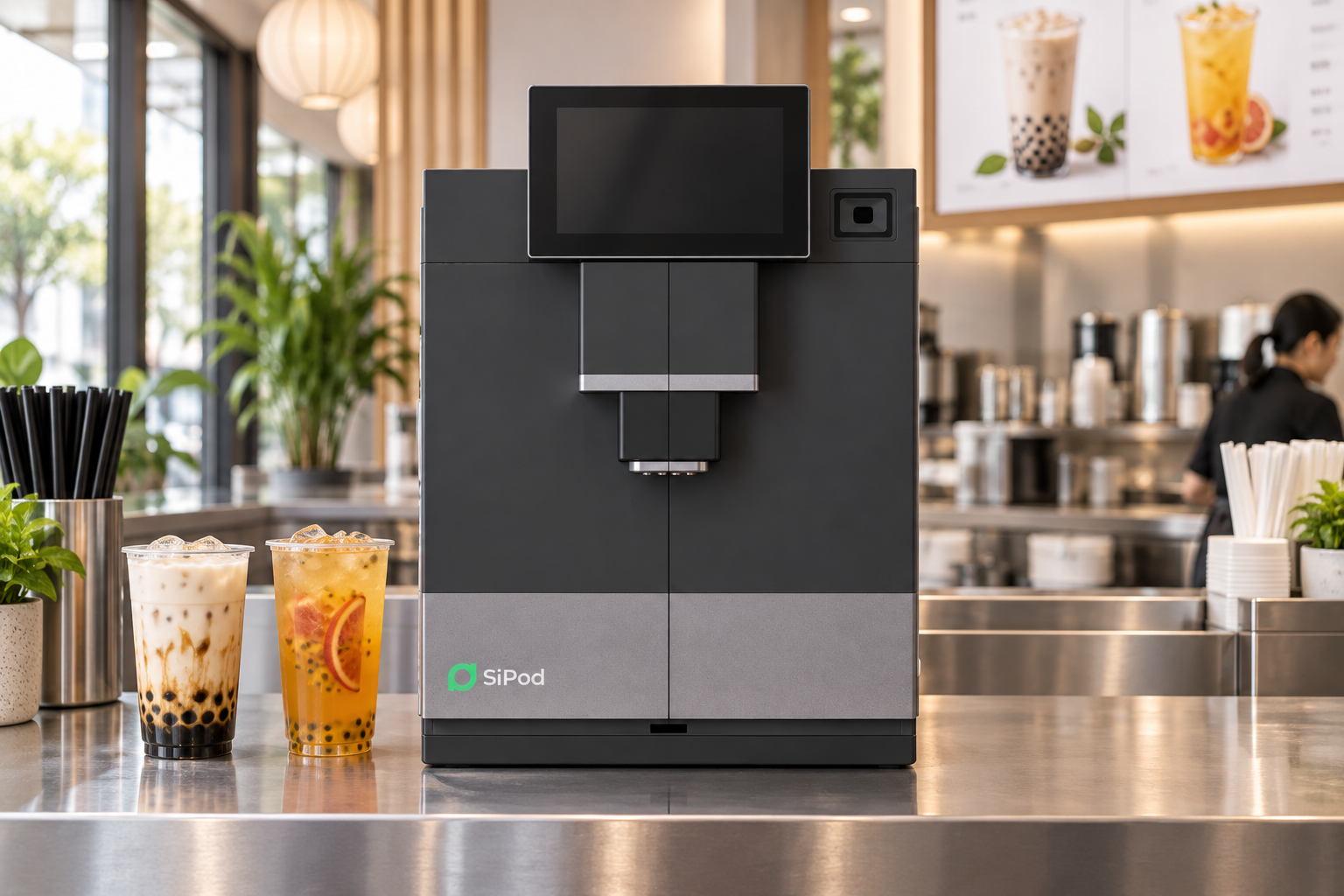 SiPod commercial bubble tea machine on a restaurant service counter beside finished tea drinks.