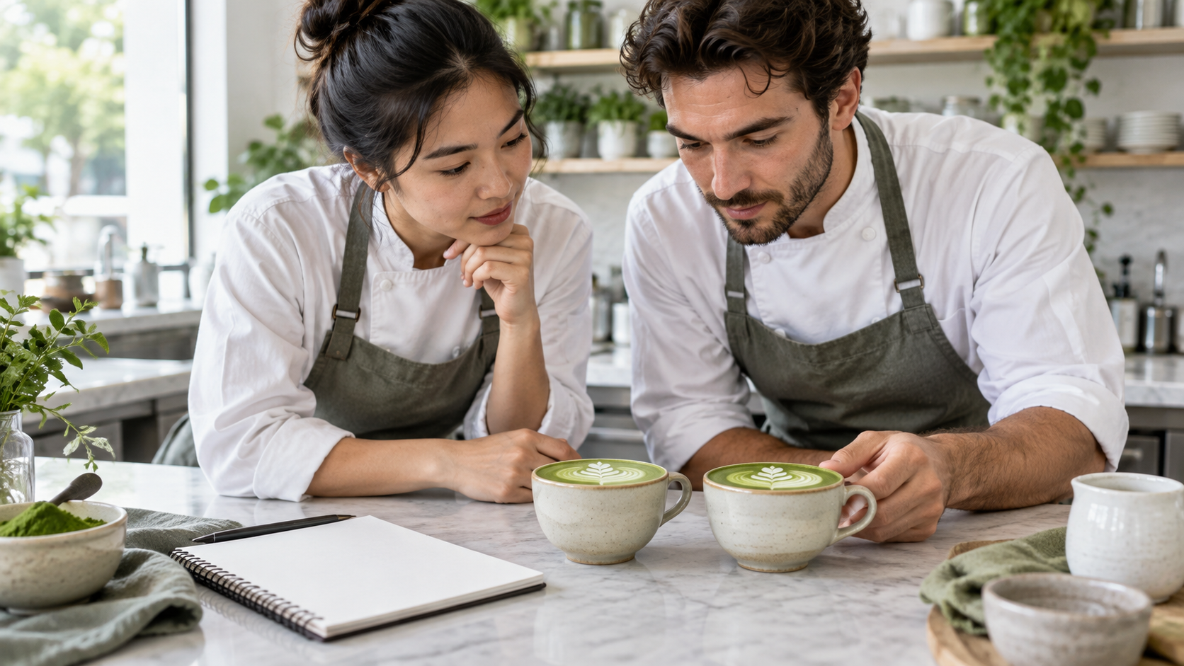 Two staff members comparing matcha drink trial servings