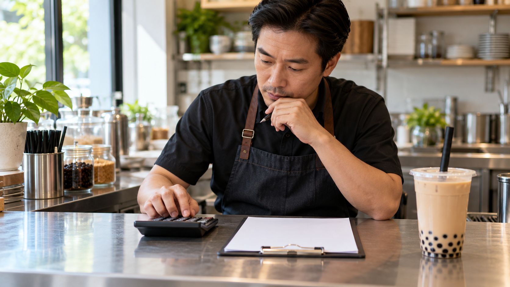 Restaurant owner reviewing a drink and a pricing worksheet