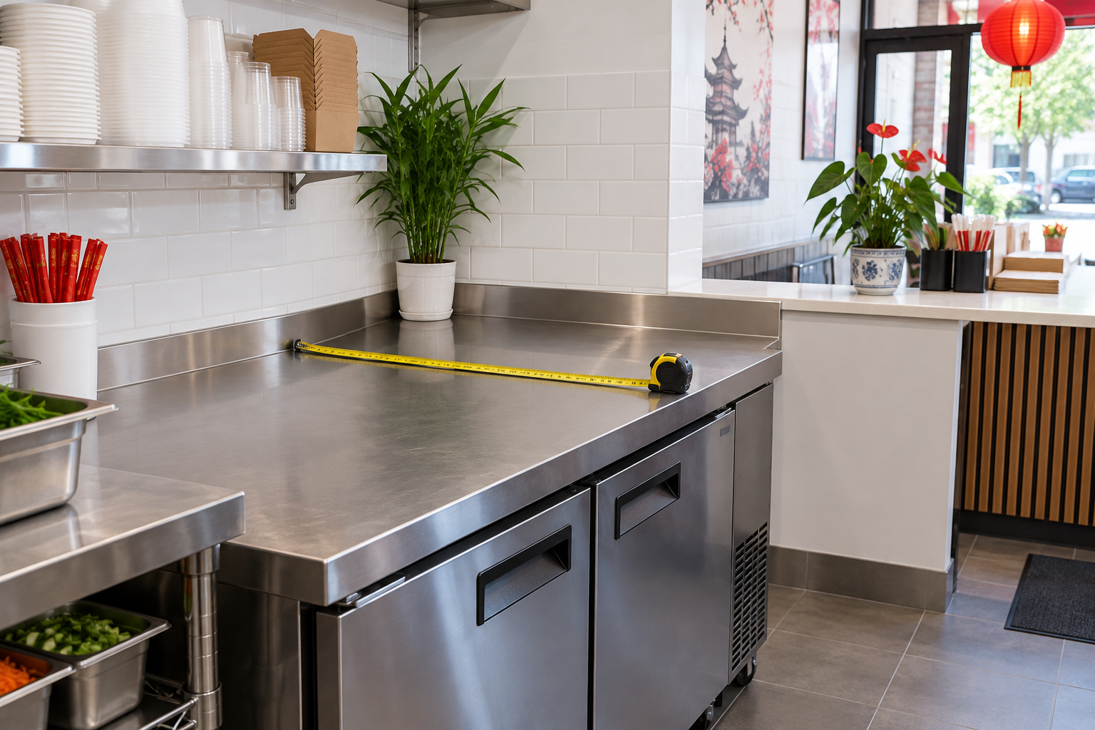 Counter space being assessed before installing restaurant beverage equipment.