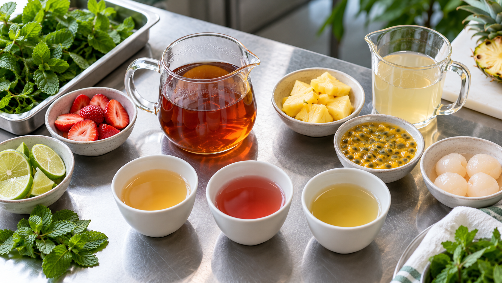 Tea and fruit components beside measured trial cups