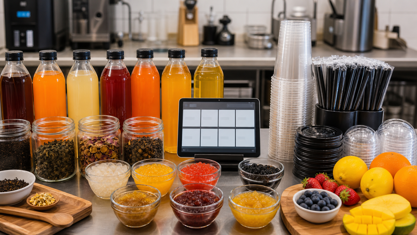 Beverage ingredients, fruit syrups, tea leaves, toppings, cups, straws, and inventory tablet for a restaurant drink program.