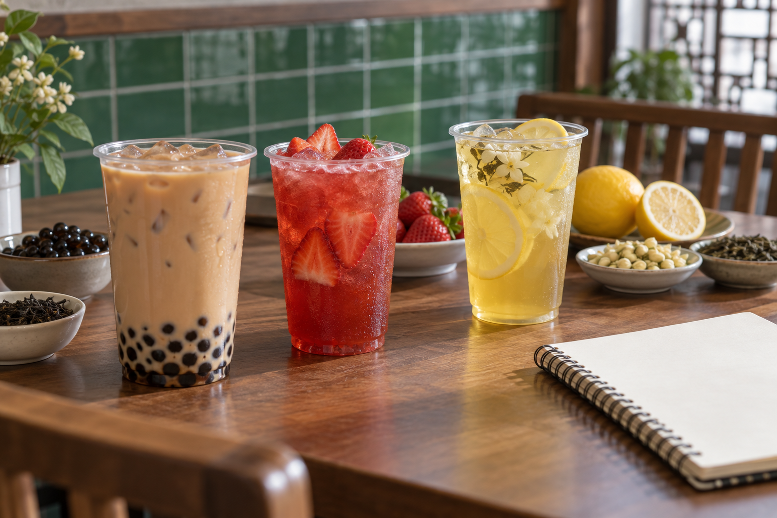 三款茶饮与各自的原料样品放在浅色桌面上，用于菜单配方讨论。