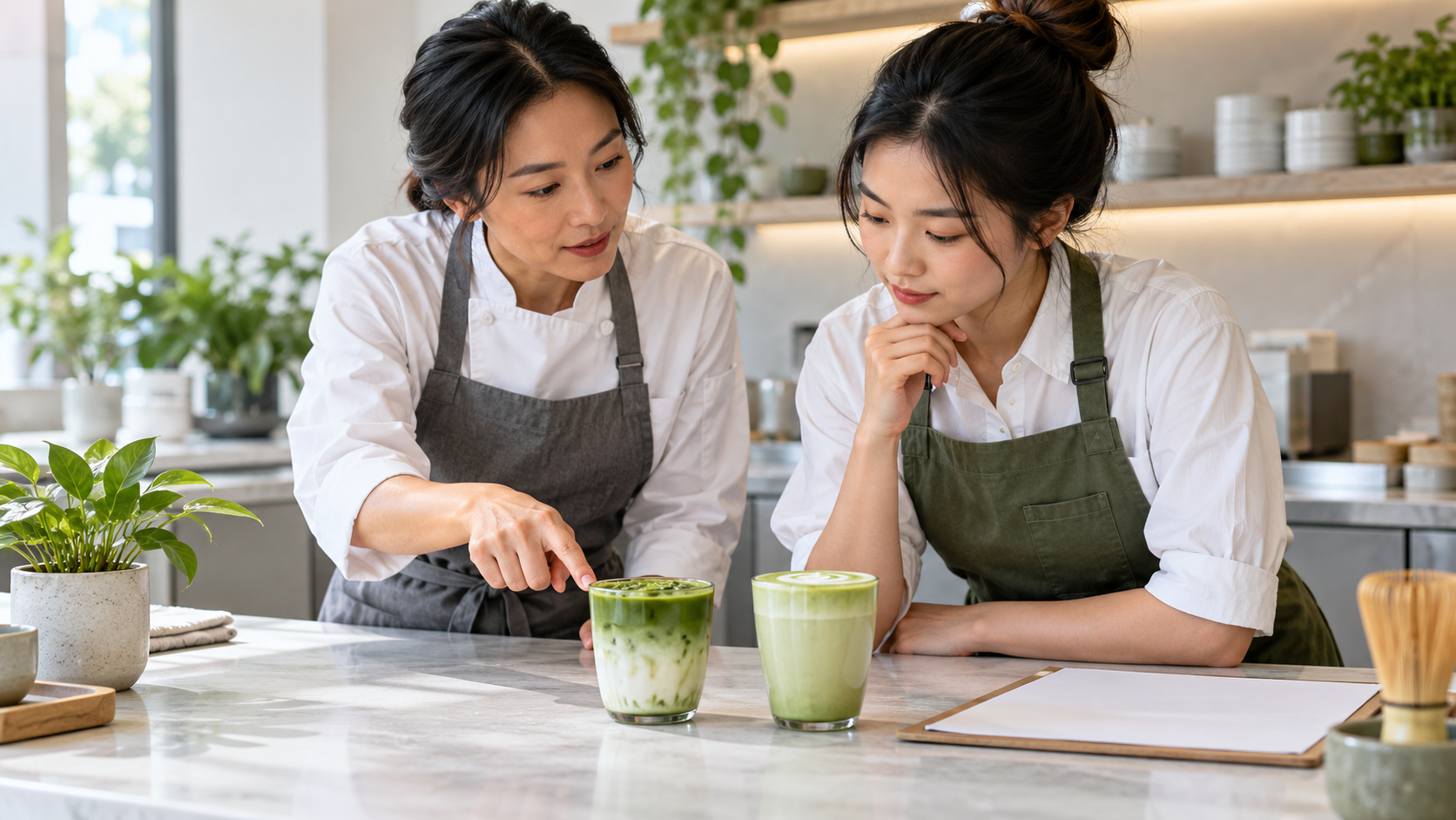 员工比较两杯抹茶饮品的成品表现