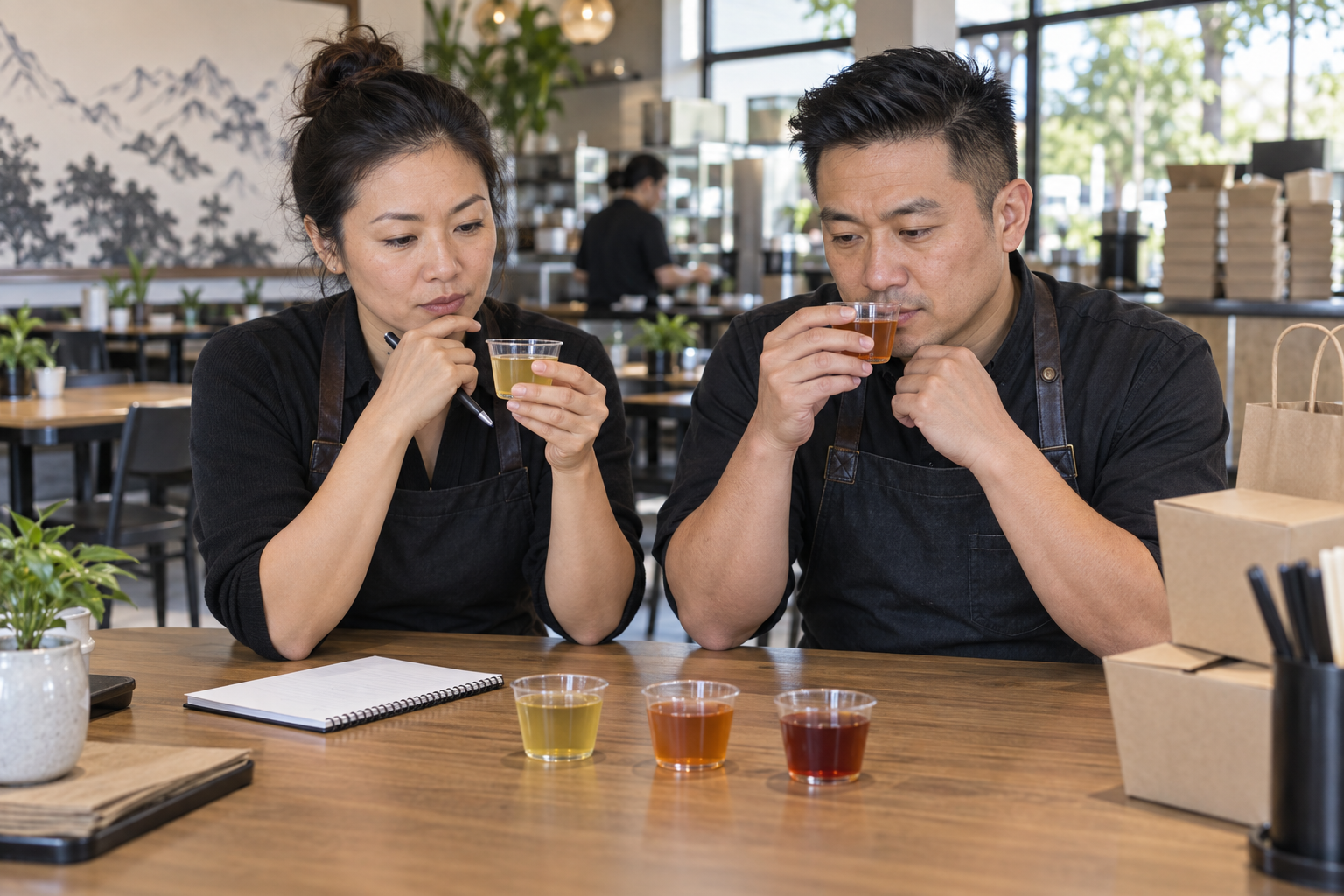 Restaurant operators comparing sample tea drinks during a buying discussion.