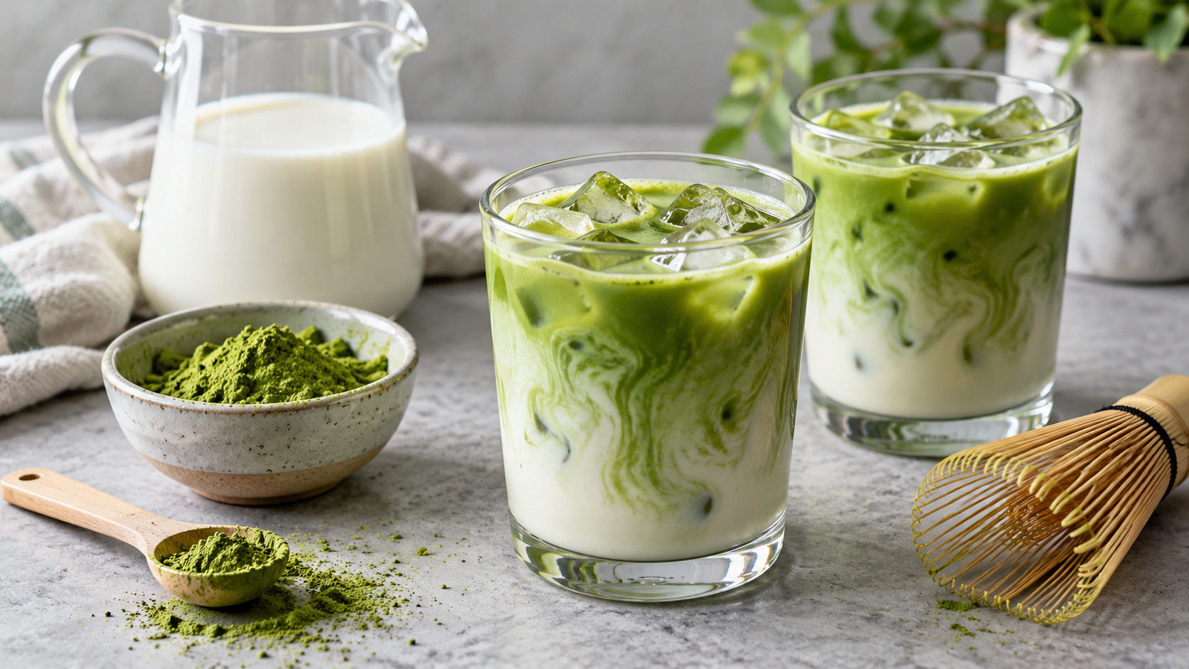 Measured matcha ingredients beside a small recipe trial setup