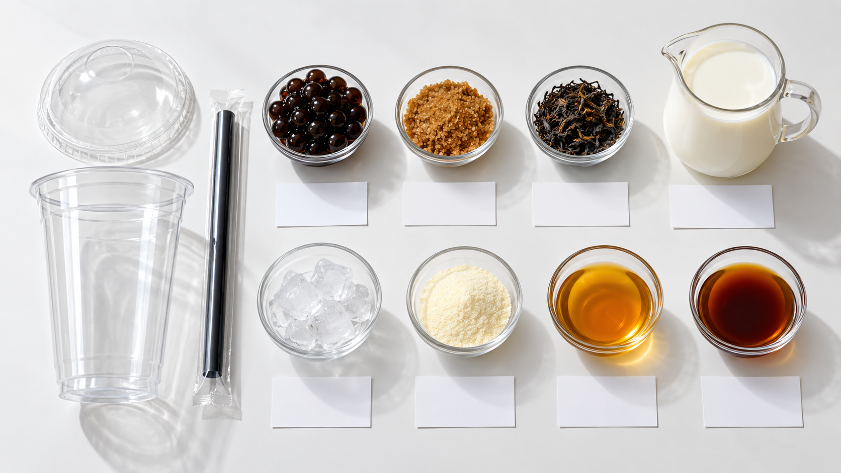 Cup, lid, straw and measured ingredients arranged as cost components