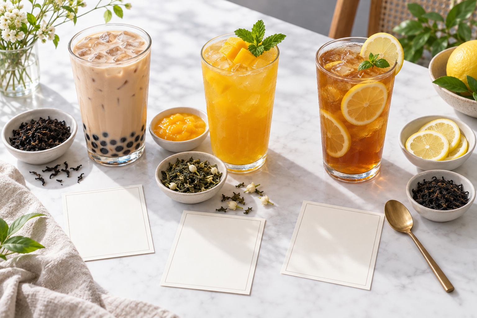 Milk tea, fruit tea and lemon tea shown with separate ingredient samples for recipe planning.
