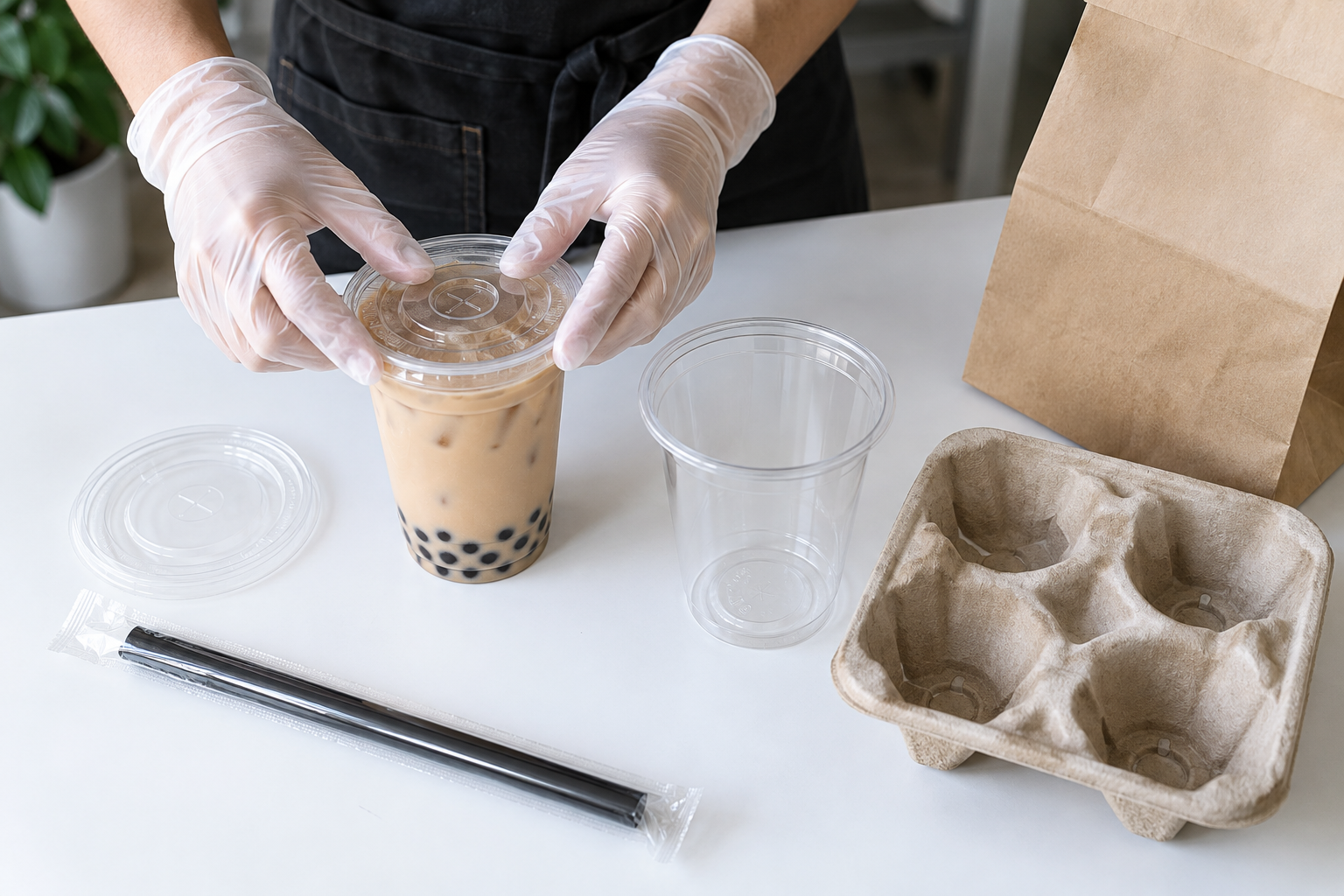 餐馆员工核对茶饮杯、杯盖和杯托的配合，旁边放置独立包装吸管。